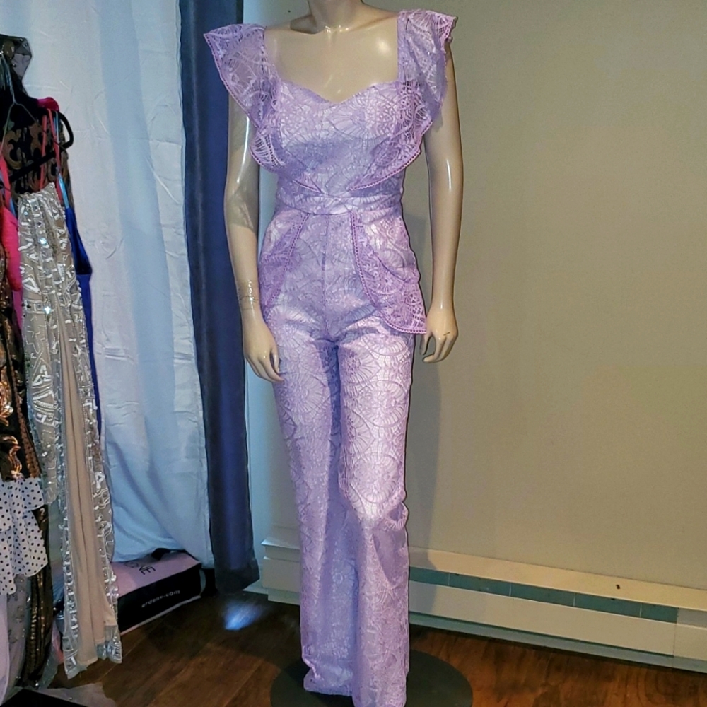 New PLT Lavender/Lilac Lace Ruffled Flared Jumpsuit Summer